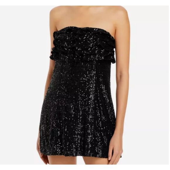 FREE PEOPLE FRIDA RUFFLE BLACK STRAPLESS SEQUIN MINI DRESS sz 2 NWT - Picture 2 of 10